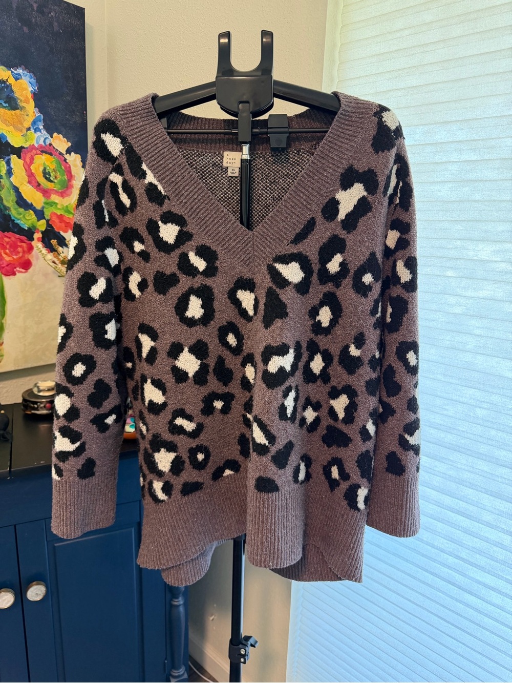 A New Day XL Leopard Print V-Neck Sweater Brown Black Animal Print